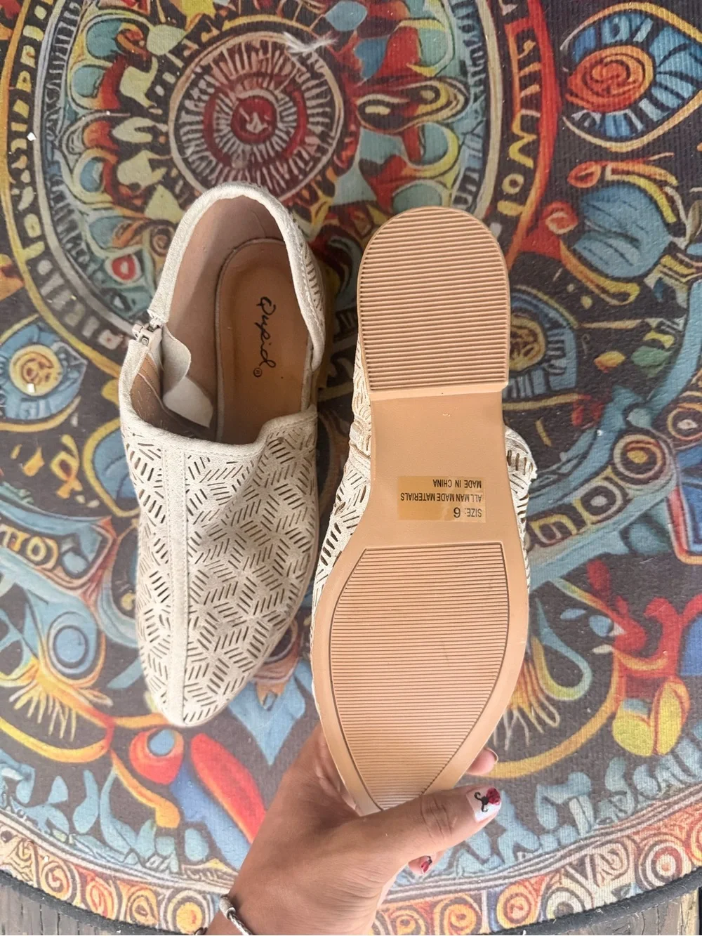 Qupid Cream Laser-Cut Slip-On Flats